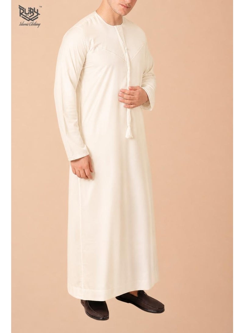 RUBY ISLAMIC CLOTHING Classic  Off White (Light Cream) Emirati Thobe kandura for Men with Intricate Embroidery Men's kandura Kaftan Round Neck Long Sleeve Saudi Arabian Muslin Robe - Image 2