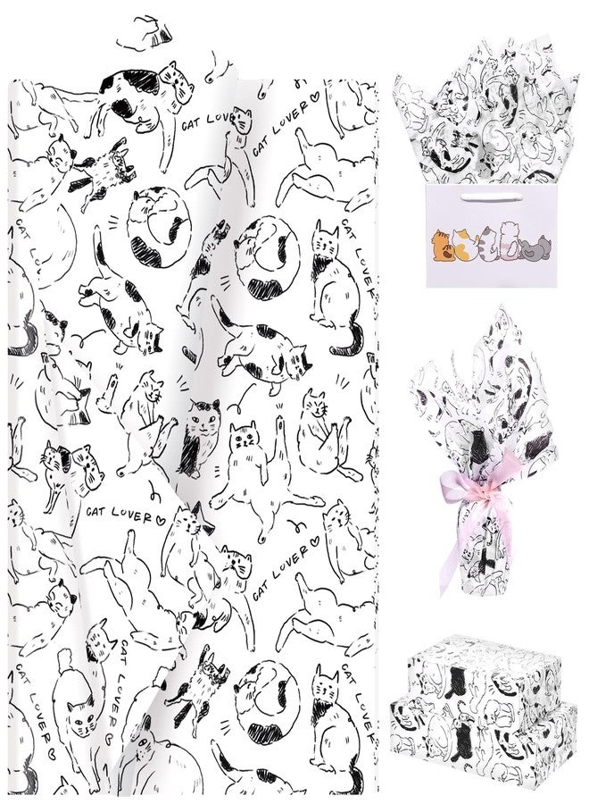 Pineraap Cat Tissue Paper 100 Sheets Black Kitty Hand-drawn Style Kitten Pet Themed Tissue Paper for Gift Bags, Black and White Decorative Gift Wrapping Paper for Cat Lovers, Baby Shower, Birthday, 20"×14" - Image 1