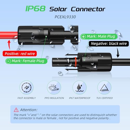 Bateria Power كابل تمديد الألواح الشمسية 30 قدم 10AWG، كابل تمديد الطاقة 6mm² مع موصلات مقاومة للماء أنثوية وذكورية للسيارات، أنظمة الطاقة الكهروضوئية - Image 3