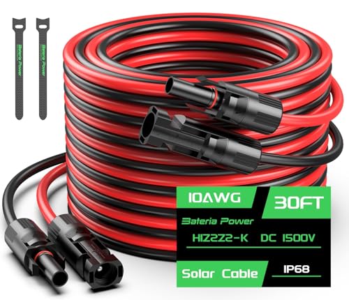 Bateria Power كابل تمديد الألواح الشمسية 30 قدم 10AWG، كابل تمديد الطاقة 6mm² مع موصلات مقاومة للماء أنثوية وذكورية للسيارات، أنظمة الطاقة الكهروضوئية - Image 1
