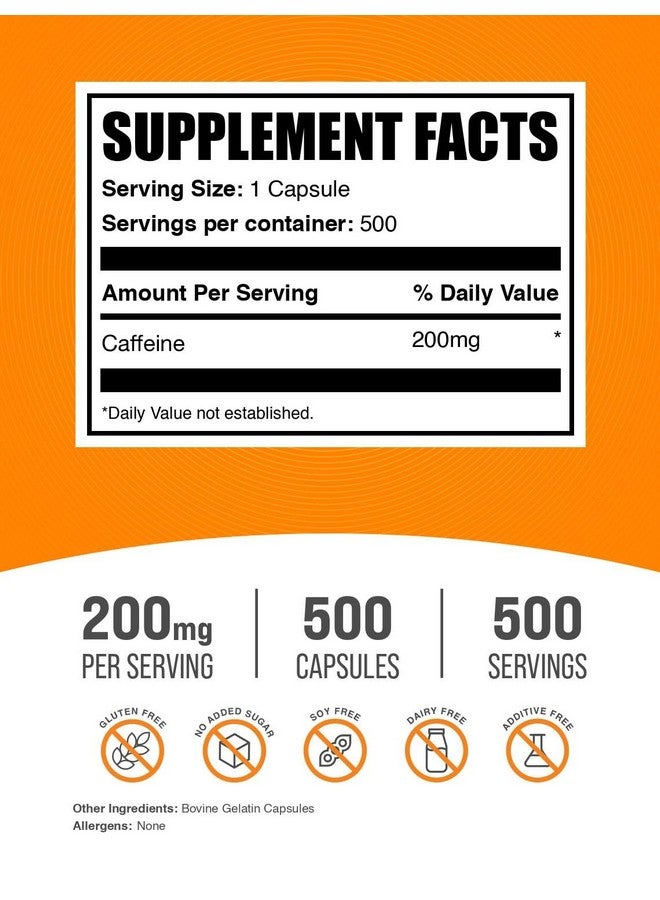 BulkSupplements.com Caffeine 200mg Capsules - Supplement for Energy Boost, Caffeine Pills 200mg - Gluten Free, 1 Capsule per Serving, 500 Count (Pack of 1) - Image 2