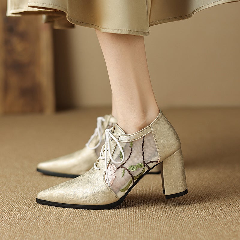 Supply Fashion High-Heeled 40-43 Pointed National Style Coarse Mesh Color-Matching Shoes - Image 3