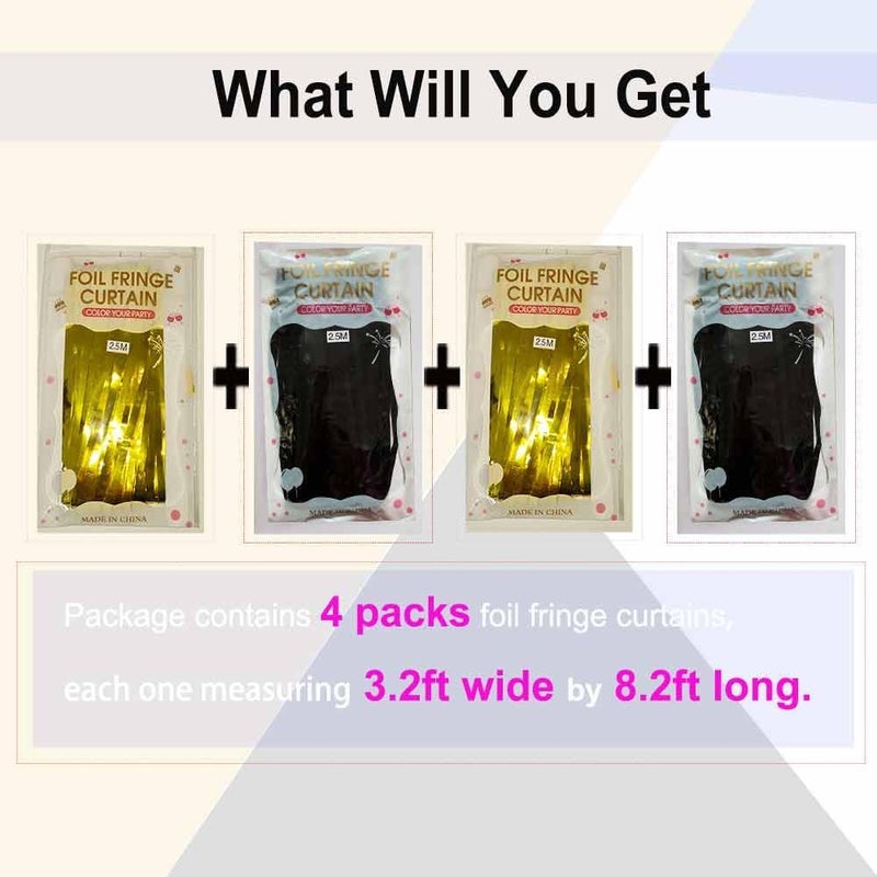 EUFARS Black and Gold Party Decorations - 4Pack 3.2x8.2ft Black and Gold Foil Fringe Curtains for Birthday Party Decorations - Image 2