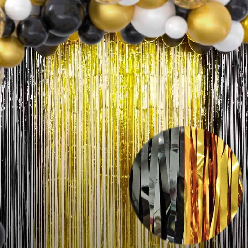 EUFARS Black and Gold Party Decorations - 4Pack 3.2x8.2ft Black and Gold Foil Fringe Curtains for Birthday Party Decorations - Image 1