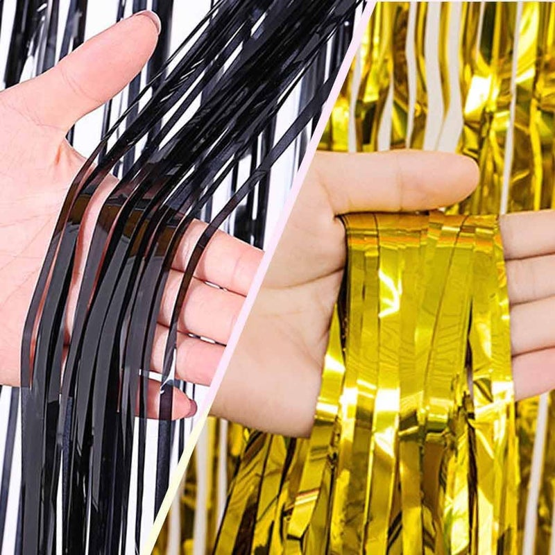 EUFARS Black and Gold Party Decorations - 4Pack 3.2x8.2ft Black and Gold Foil Fringe Curtains for Birthday Party Decorations - Image 3