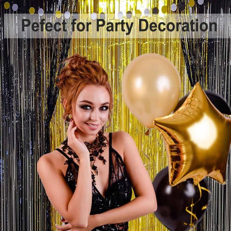 EUFARS Black and Gold Party Decorations - 4Pack 3.2x8.2ft Black and Gold Foil Fringe Curtains for Birthday Party Decorations - Image 4