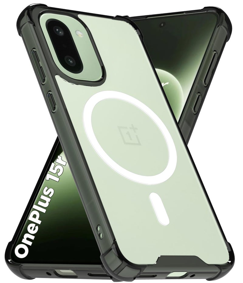 RIGGEAR Shockproof Clear Hybrid Airbag Armor Magnetic Back Cover Case Compatible with MagSafe Accessories for OnePlus 15R 5G (Clear-Black TPU Bumper + Transparent PC)(White) - Image 1