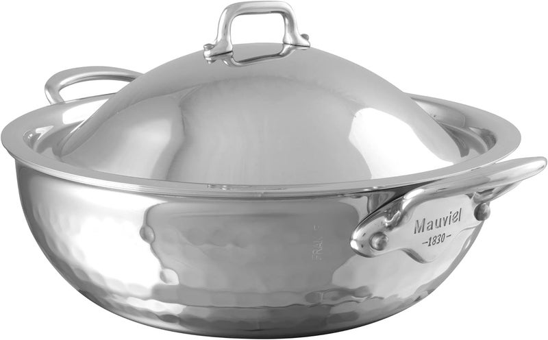 Mauviel MElite 5Ply Hammered Polished Stainless Steel Chef Pan With Dome Lid And Cast Stainless Steel Handles 38qt Made in France