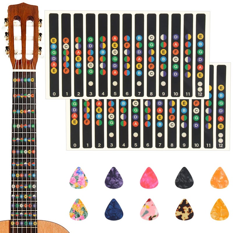 Augsun 2 Pcs Guitar Fretboard Stickers, Guitar Note Stickers, Learn Guitar Tabs, Sticker for Beginner Learner with 10 Pcs Guitar Picks - Image 1