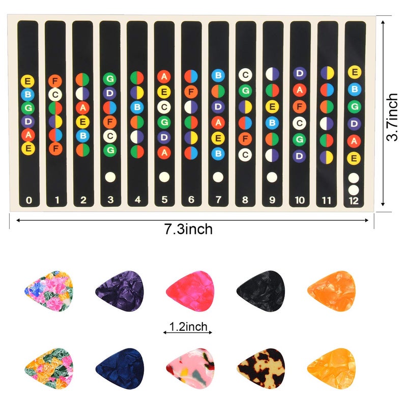 Augsun 2 Pcs Guitar Fretboard Stickers, Guitar Note Stickers, Learn Guitar Tabs, Sticker for Beginner Learner with 10 Pcs Guitar Picks - Image 2