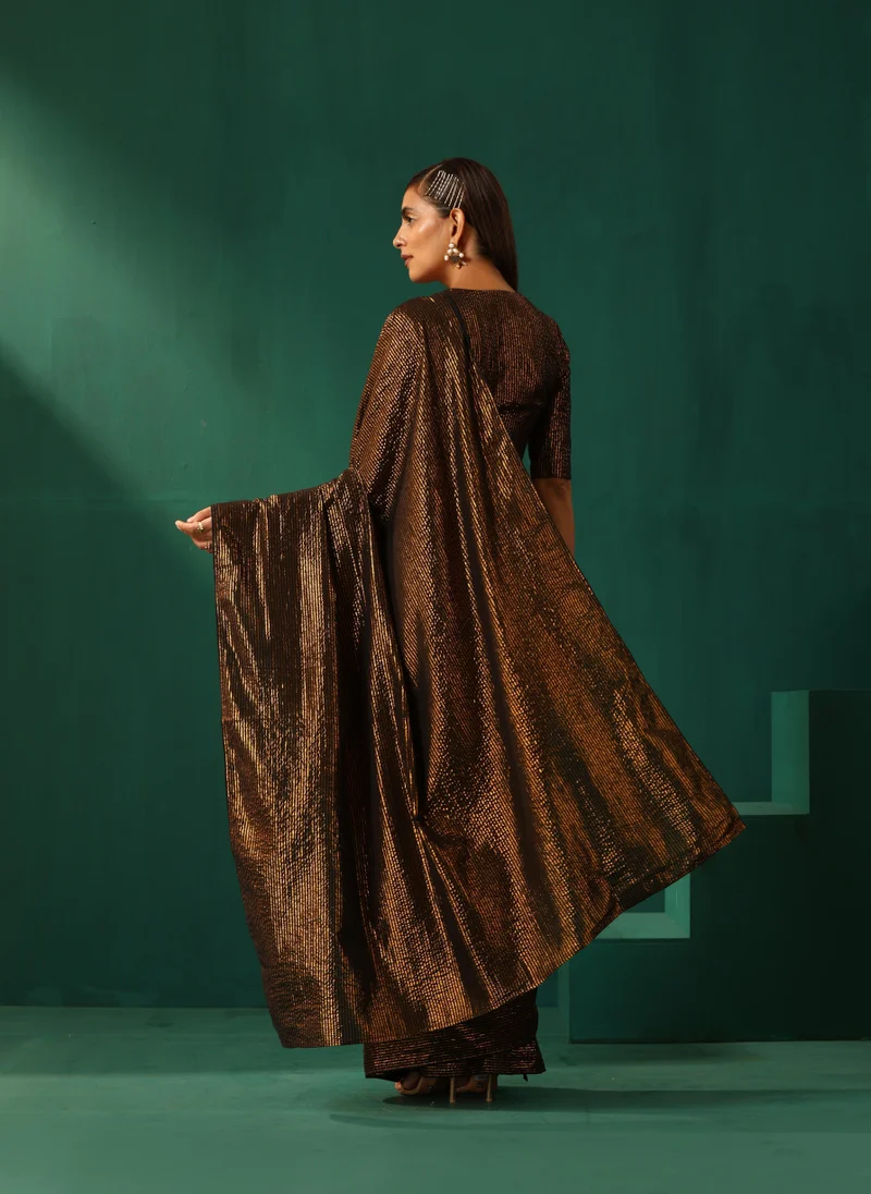 trueBrowns trueBrowns Black Cotton Gold Striped Ready To Wear Saree