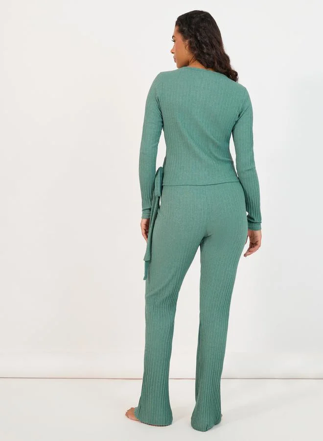 Styli Brushed Rib Wrap Tie Top & Flared Trouser Lounge Set