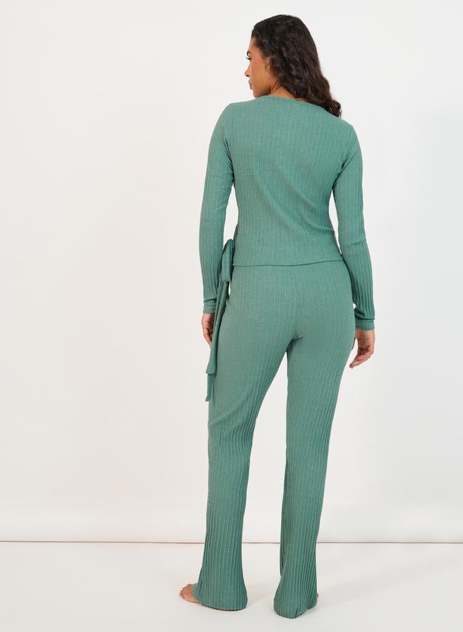 Styli Brushed Rib Wrap Tie Top and Flared Trouser Lounge Set - Image 4