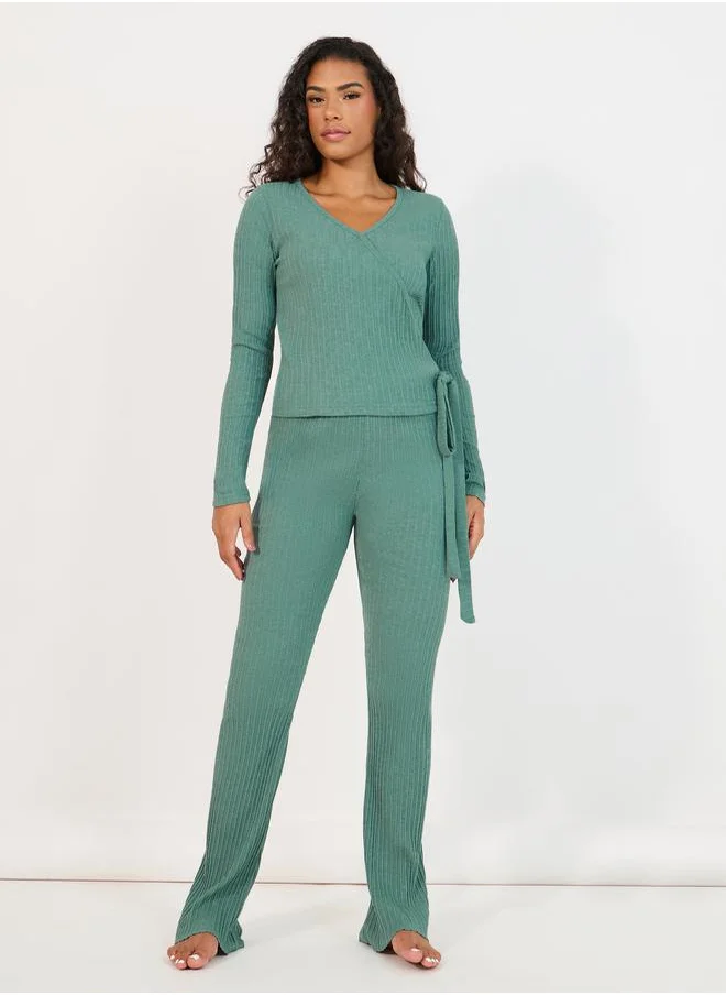 Styli Brushed Rib Wrap Tie Top & Flared Trouser Lounge Set