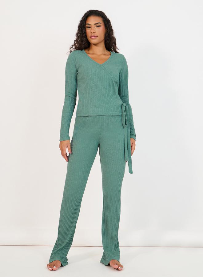 Styli Brushed Rib Wrap Tie Top and Flared Trouser Lounge Set - Image 1