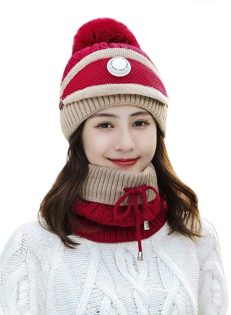Excefore 3 in 1 Winter Knitted Beanie Hat Face Neck Warmer Set for Women Girls Fleece Lining Ski Caps with Pompom - Image 4