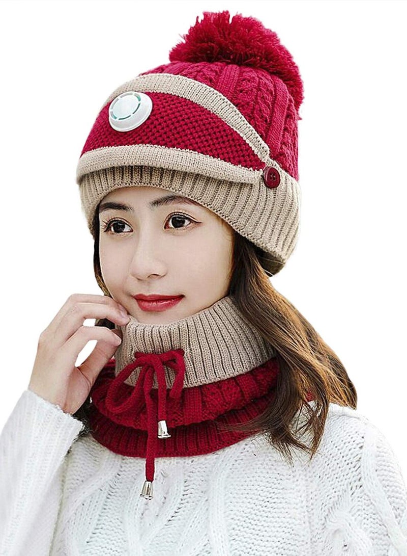 Excefore 3 in 1 Winter Knitted Beanie Hat Face Neck Warmer Set for Women Girls Fleece Lining Ski Caps with Pompom - Image 5