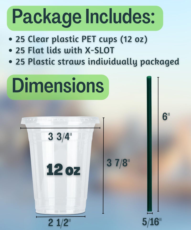Cappatua 12 oz Clear Plastic Cups with Lids and STRAWS  Disposable Drinking Cups for Cold Drinks  Iced Coffee  Milkshakes  Smoothies  25 Sets - Image 3