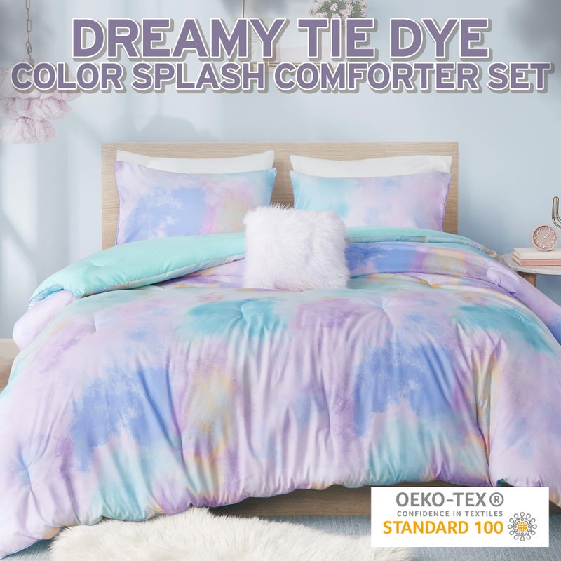 Intelligent Design Queen/Full Size Comforter Set, Watercolor Queen Bedding Sets, Tie Dye Comforter Set for Teen Girl & Boys, 4 Pieces Cassiopeia Comforter, Sham, Throw Pillow Full/Queen Pink/Blue - Image 2