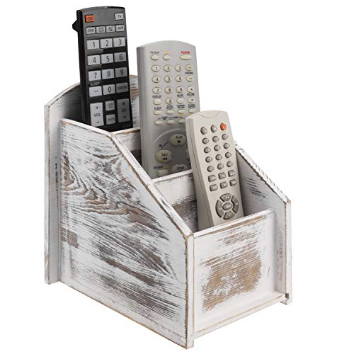 MyGift TV Remote Control Holder Modern Farmhouse Decor Whitewashed Wood Media Remote CaddyOrganizerStorage Box with 3 Compartments for Living Room Coffee Table - Image 1