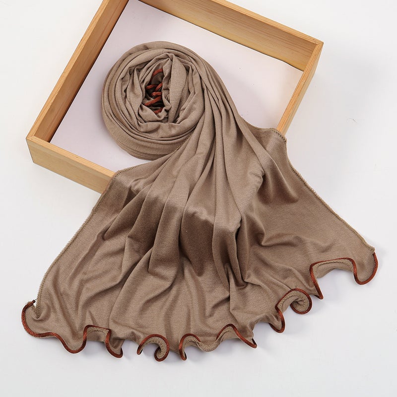 New Women's Ruffle Trim Long Scarf Solid Color Fashion Versatile Headscarf Shawl Mercerized Cotton - Image 4