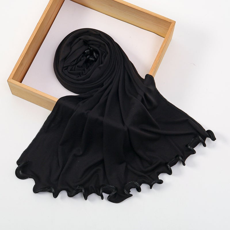 New Women's Ruffle Trim Long Scarf Solid Color Fashion Versatile Headscarf Shawl Mercerized Cotton - Image 1