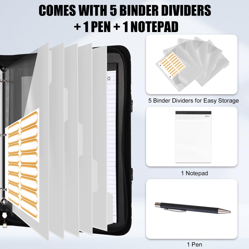 NATISERAUM Portfolio Binder 3 Ring Includes Pen and 5 Dividers with 10 Pockets, Padfolio Organizer with Magnetic Handle for Men and Women, Includes A4 Notepad for Business, School, Work - Image 3