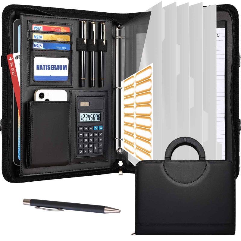 NATISERAUM Portfolio Binder 3 Ring Includes Pen and 5 Dividers with 10 Pockets, Padfolio Organizer with Magnetic Handle for Men and Women, Includes A4 Notepad for Business, School, Work - Image 1