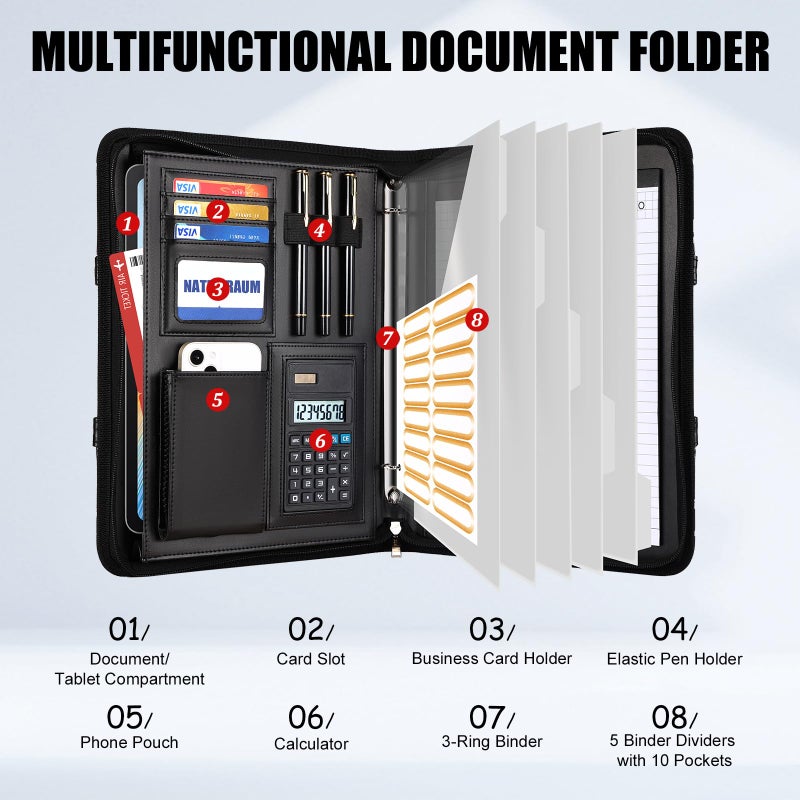 NATISERAUM Portfolio Binder 3 Ring Includes Pen and 5 Dividers with 10 Pockets, Padfolio Organizer with Magnetic Handle for Men and Women, Includes A4 Notepad for Business, School, Work - Image 2