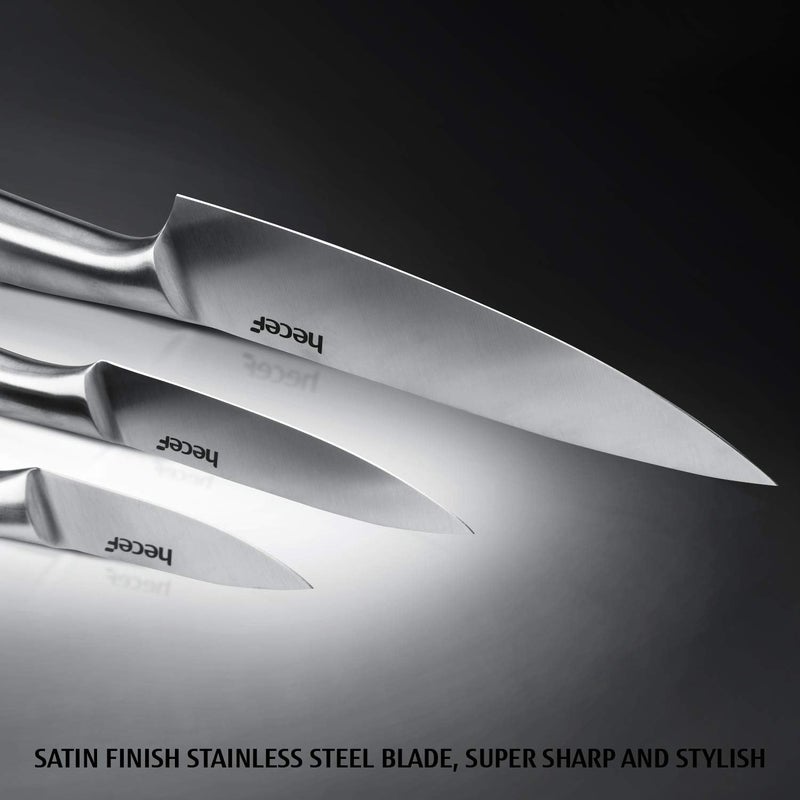 hecef Silver Kitchen knife set of 5, Satin Finish Blade with Hollow Handle, includes 8" Chef, 8" Bread, 8" Santoku, 5" Utility and 3.5" paring knife - Image 3
