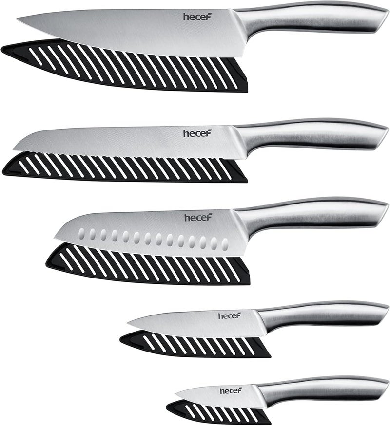 hecef Silver Kitchen knife set of 5, Satin Finish Blade with Hollow Handle, includes 8" Chef, 8" Bread, 8" Santoku, 5" Utility and 3.5" paring knife - Image 4