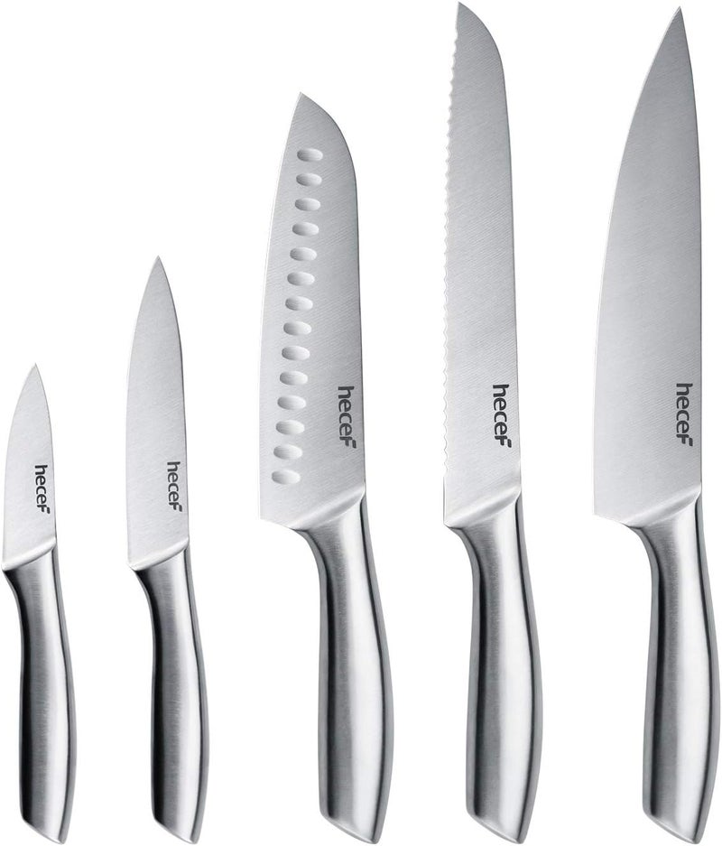 hecef Silver Kitchen knife set of 5, Satin Finish Blade with Hollow Handle, includes 8" Chef, 8" Bread, 8" Santoku, 5" Utility and 3.5" paring knife - Image 1