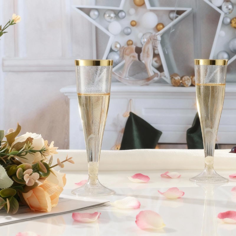 Bestluck 100 Pack Champagne Flutes Plastic, 4.5 oz Gold Glitter Plastic Disposable Stemware with Gold Rim, Disposable Champagne Flutes for Party, Mimosa Bar, Wedding, Anniversary and Graduation - Image 5