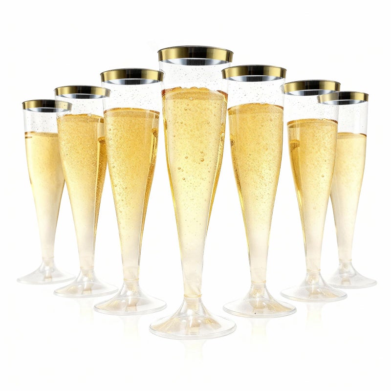 Bestluck 100 Pack Champagne Flutes Plastic, 4.5 oz Gold Glitter Plastic Disposable Stemware with Gold Rim, Disposable Champagne Flutes for Party, Mimosa Bar, Wedding, Anniversary and Graduation - Image 1