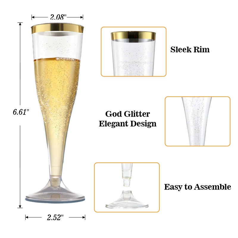 Bestluck 100 Pack Champagne Flutes Plastic, 4.5 oz Gold Glitter Plastic Disposable Stemware with Gold Rim, Disposable Champagne Flutes for Party, Mimosa Bar, Wedding, Anniversary and Graduation - Image 3