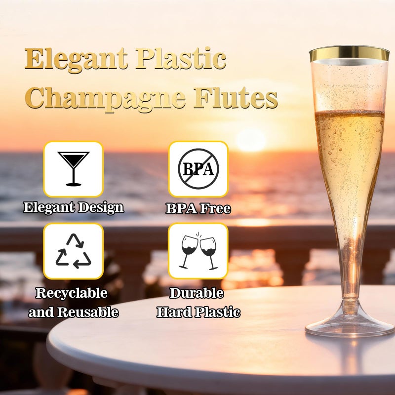 Bestluck 100 Pack Champagne Flutes Plastic, 4.5 oz Gold Glitter Plastic Disposable Stemware with Gold Rim, Disposable Champagne Flutes for Party, Mimosa Bar, Wedding, Anniversary and Graduation - Image 4