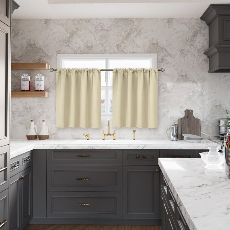 BGment Bression Stretains القصير 36 بوصة طول للحمام مقهى المطبخ - قضيب جيب 34 بوصة غرفة عريضة الستائر الداكنة للطابق السفلي نافذة غرفة نوم صغيرة البيج 2 لوحات 34 × 36 بوصة - Image 2