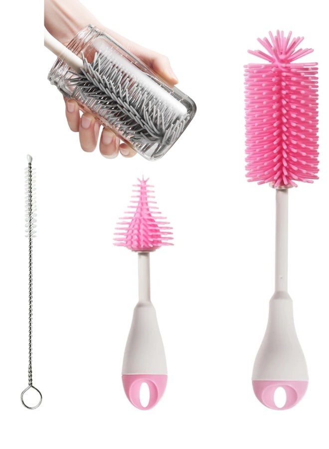Bottle Cleaning Set - A 3-piece kit designed for thorough cleaning of bottles, featuring a large brush, a small brush, and a specialized straw cleaner for hard-to-reach areas - Pink - Image 1