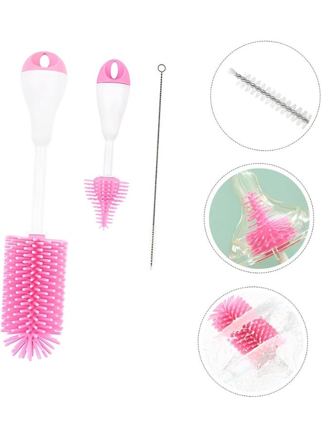 Bottle Cleaning Set - A 3-piece kit designed for thorough cleaning of bottles, featuring a large brush, a small brush, and a specialized straw cleaner for hard-to-reach areas - Pink - Image 2