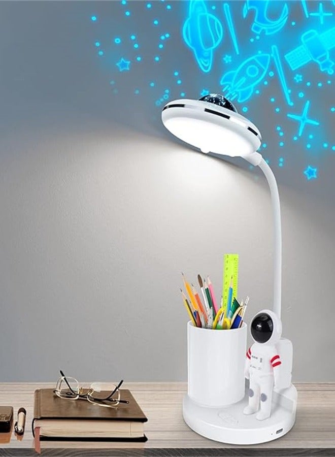 مصباح مكتب للأطفال لرواد الفضاء، مصباح مكتب LED قابل للتعتيم مع حامل قلم وإسقاط، منفذ USB C، مصباح بجانب السرير للأطفال (متوفر باللون الأبيض الوردي) - Image 1