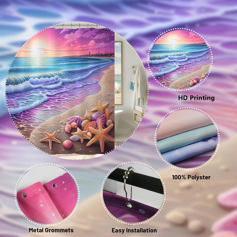 Longan Craft Purple Sunrise Beach Shower Curtain Coastal Seashell Ocean Shower Curtain for Bathroom 72x72 Inch Waterproof Fabric Bathroom Curtain with 12 Hooks Sunset Seafoam Bath Curtain Bathtub Decor - Image 2