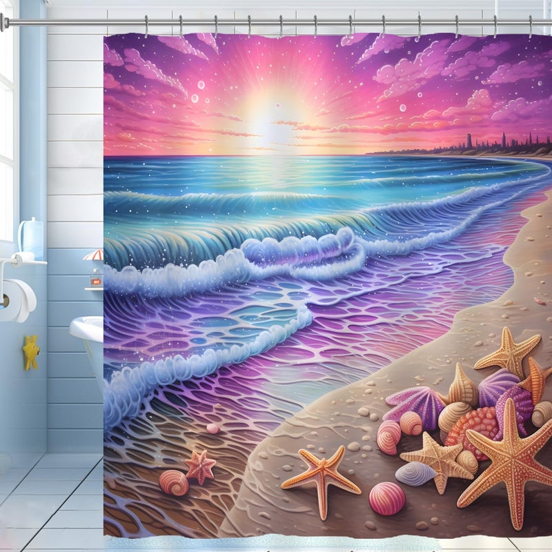 Longan Craft Purple Sunrise Beach Shower Curtain Coastal Seashell Ocean Shower Curtain for Bathroom 72x72 Inch Waterproof Fabric Bathroom Curtain with 12 Hooks Sunset Seafoam Bath Curtain Bathtub Decor - Image 1