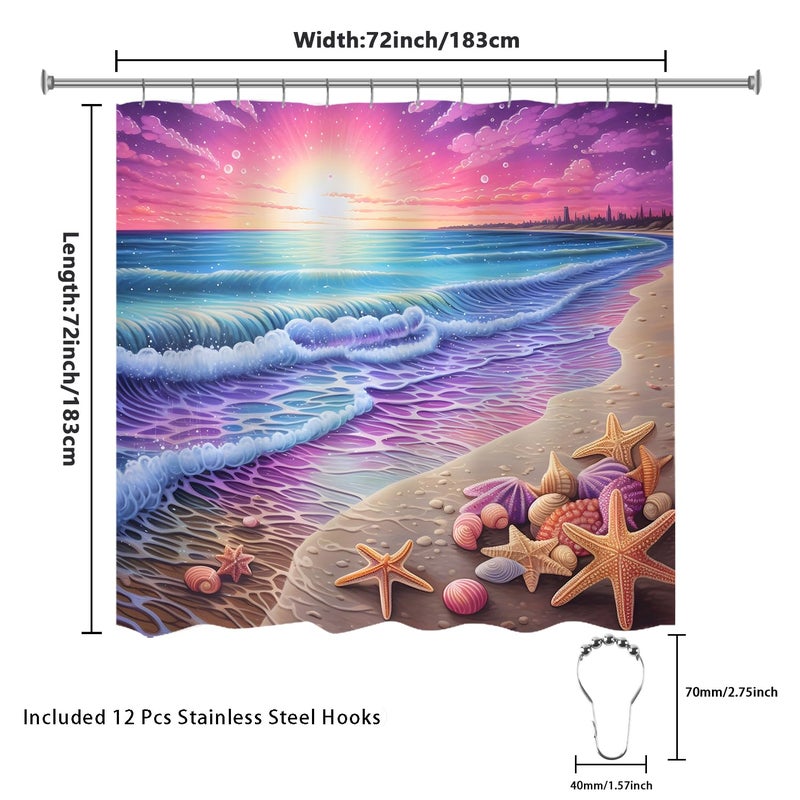 Longan Craft Purple Sunrise Beach Shower Curtain Coastal Seashell Ocean Shower Curtain for Bathroom 72x72 Inch Waterproof Fabric Bathroom Curtain with 12 Hooks Sunset Seafoam Bath Curtain Bathtub Decor - Image 5