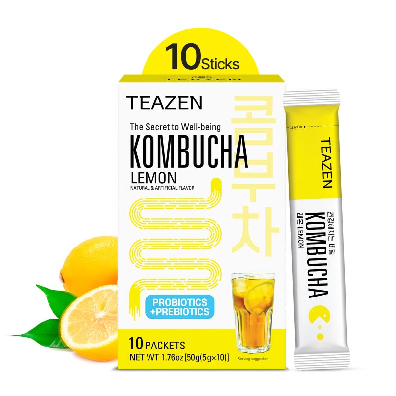 TEAZEN Lemon Kombucha Tea, Hydration Drink Mix, Sugar Free, Live Probiotics & Prebiotics, 10 Sticks, 1.76oz - Image 1