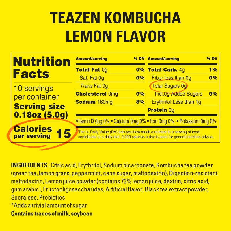 TEAZEN Lemon Kombucha Tea, Hydration Drink Mix, Sugar Free, Live Probiotics & Prebiotics, 10 Sticks, 1.76oz - Image 5