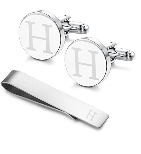 LOYALLOOK مجموعة أزرار أكمام ومشبك ربطة عنق م engraved بحرف أولي من LOYALLOOK - Image 1