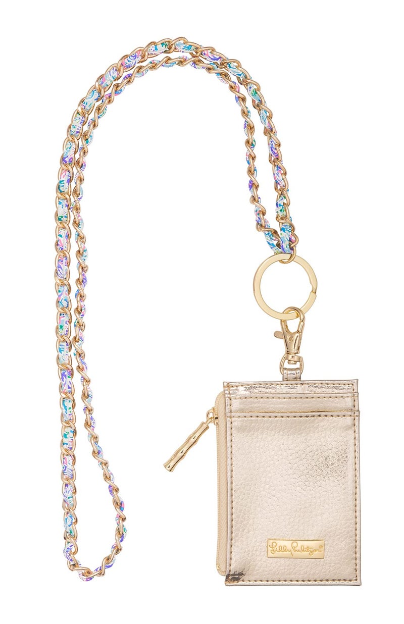 Lilly Pulitzer Lanyard with ID Holder, Keychain Wallet for School or Office, Gold Zipper Wallet, Badge Holder with Clear Window and Card Slots, Soleil It On Me - Image 1