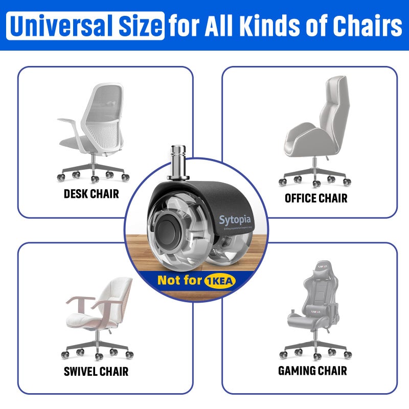 Sytopia Office Chair Wheels 2" Desk Chair Caster Wheels Smooth Roller Style Quiet for Carpet and Hardwood Floors Universal Fit 11x22 mm Set of 5 Grey - Image 2