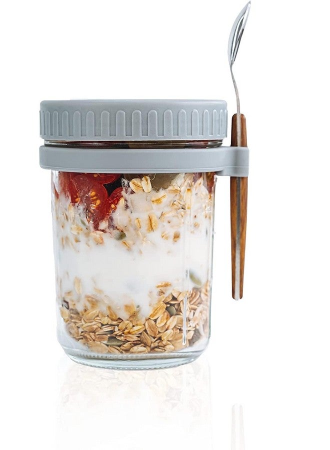 Ash & Roh Oats Containers With Lids And Spoons 350 Ml Glass Mason Jars For Overnight Oats Leak Proof Oatmeal Container Great For Cereal Fruit Vegetable Milk Salad Yogurt (Grey 1) Blue-Green - Image 1