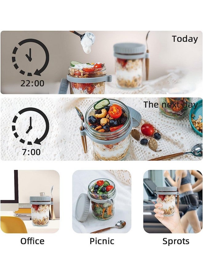 Ash & Roh Oats Containers With Lids And Spoons 350 Ml Glass Mason Jars For Overnight Oats Leak Proof Oatmeal Container Great For Cereal Fruit Vegetable Milk Salad Yogurt (Grey 1) Blue-Green - Image 3
